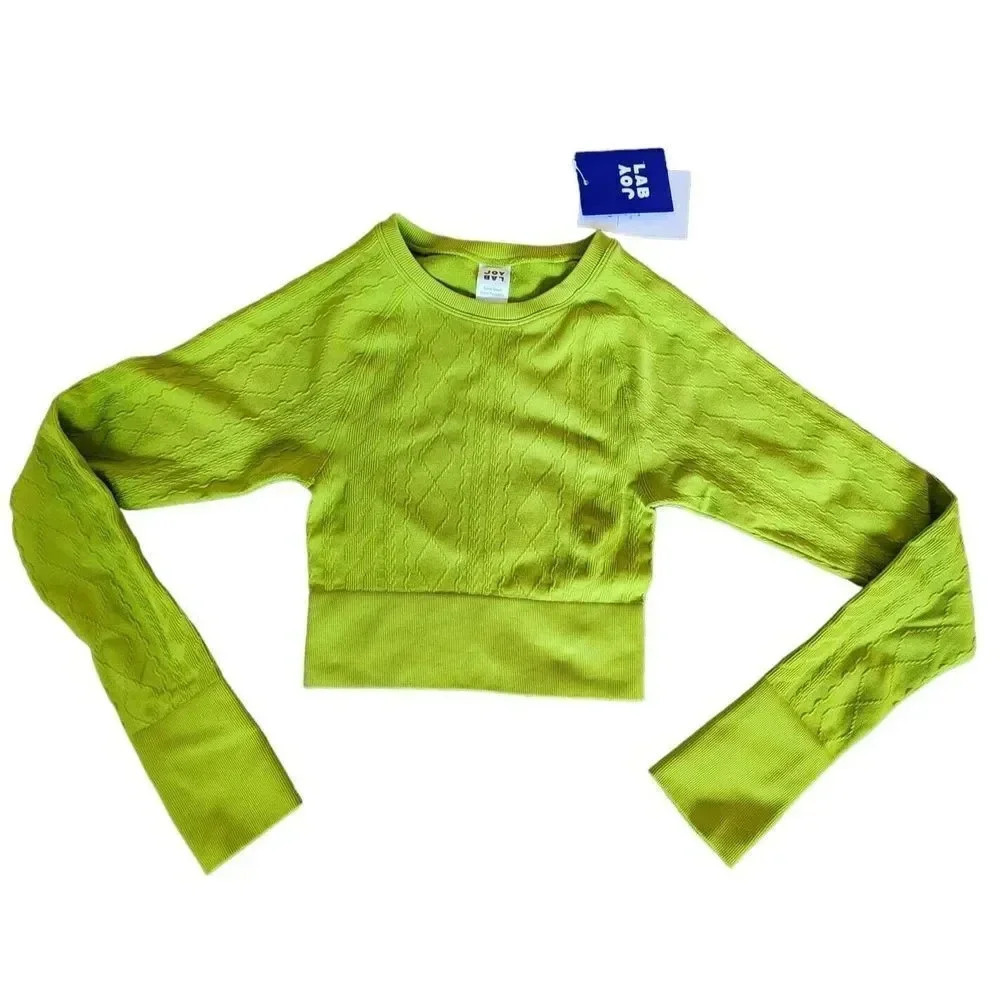 JoyLab Cropped Fit Tee Women Size XS Pear Green Long Sleeve Round Neck Pullover
